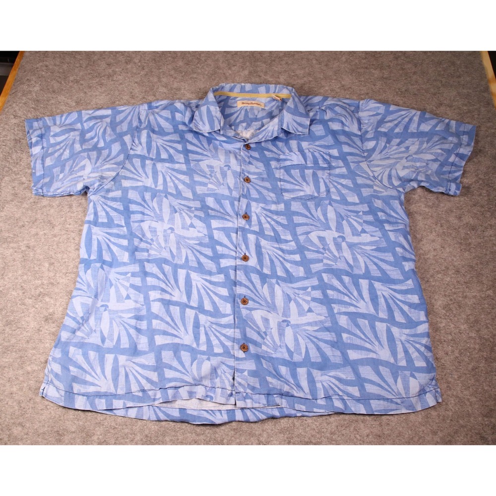 Tommy Bahama Mens XL Blue White Geometric Leaf Print 100% Linen Camp Shirt